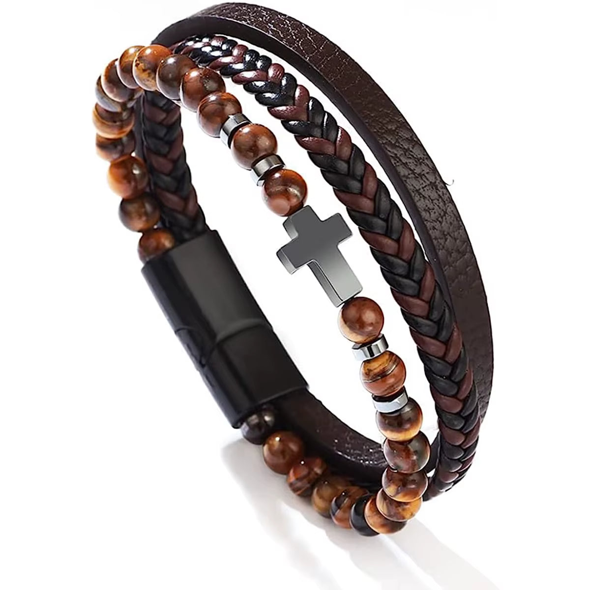 Vintage Multi-Layer Leather Bracelet Men Punk Cross Charm Tiger Eye Stone Beads Bracelet Fashion Braided Wrap Wristbands Jewelry