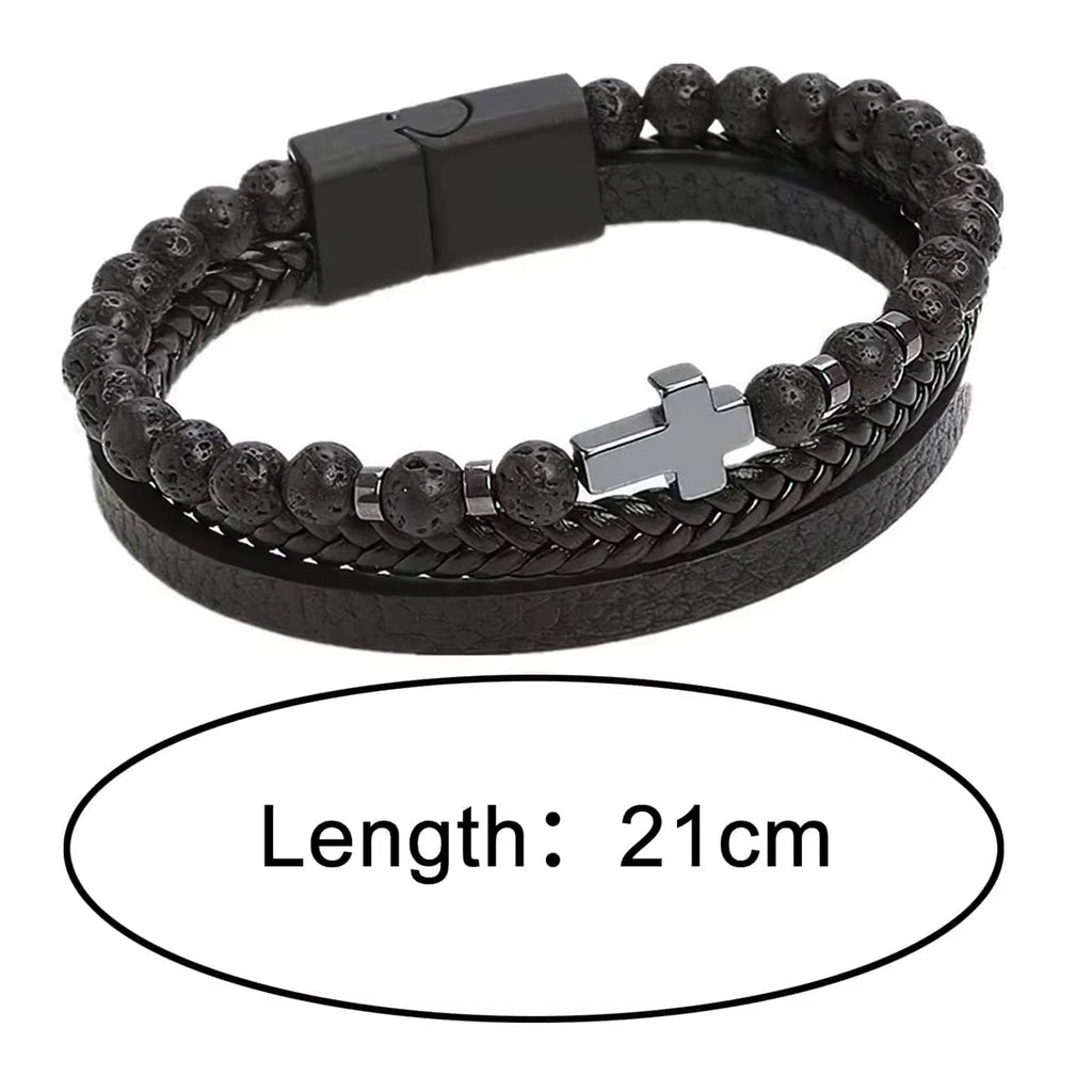 Vintage Multi-Layer Leather Bracelet Men Punk Cross Charm Tiger Eye Stone Beads Bracelet Fashion Braided Wrap Wristbands Jewelry